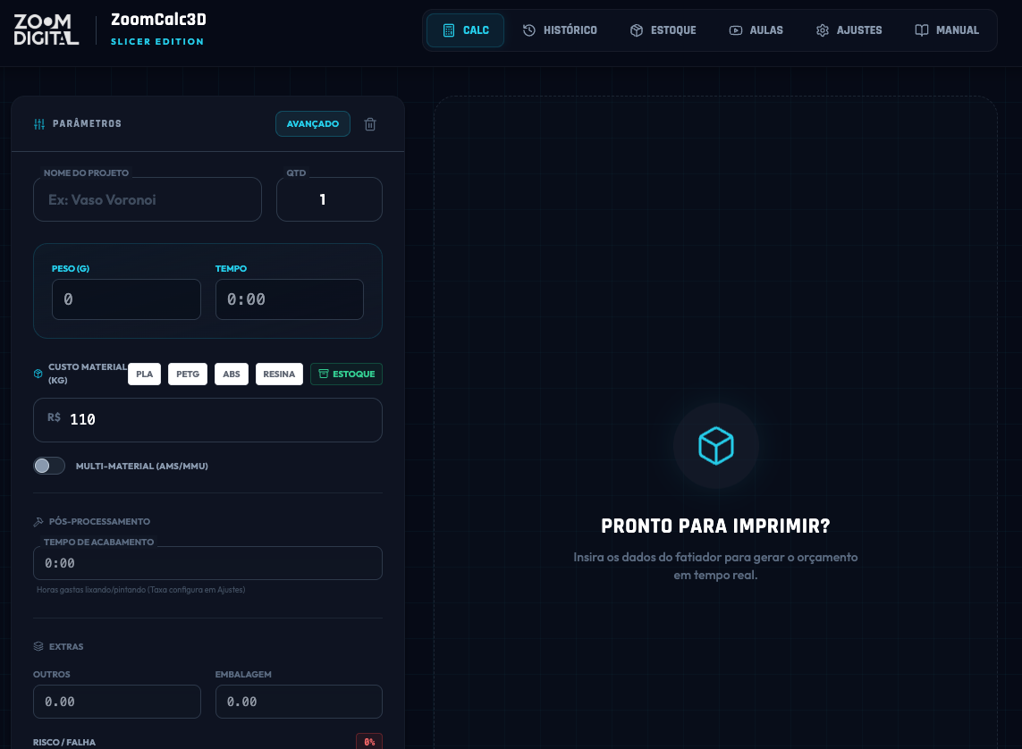 ZoomCalc3D: Precificação inteligente para impressão 3D