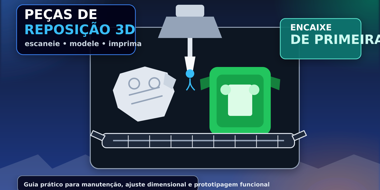 Thumbnail com peça quebrada, peça impressa em 3D, paquímetro e nozzle de impressora 3D