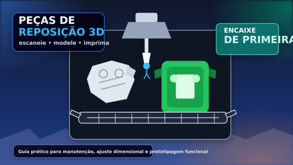 Thumbnail com peça quebrada, peça impressa em 3D, paquímetro e nozzle de impressora 3D