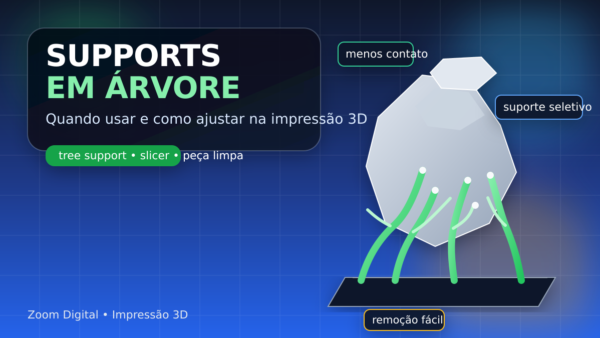 Supports em árvore sustentando uma peça 3D complexa sobre a mesa de impressão
