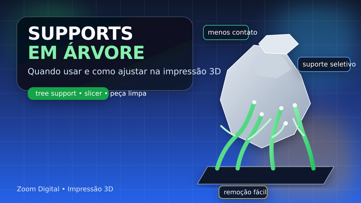 Supports em árvore sustentando uma peça 3D complexa sobre a mesa de impressão