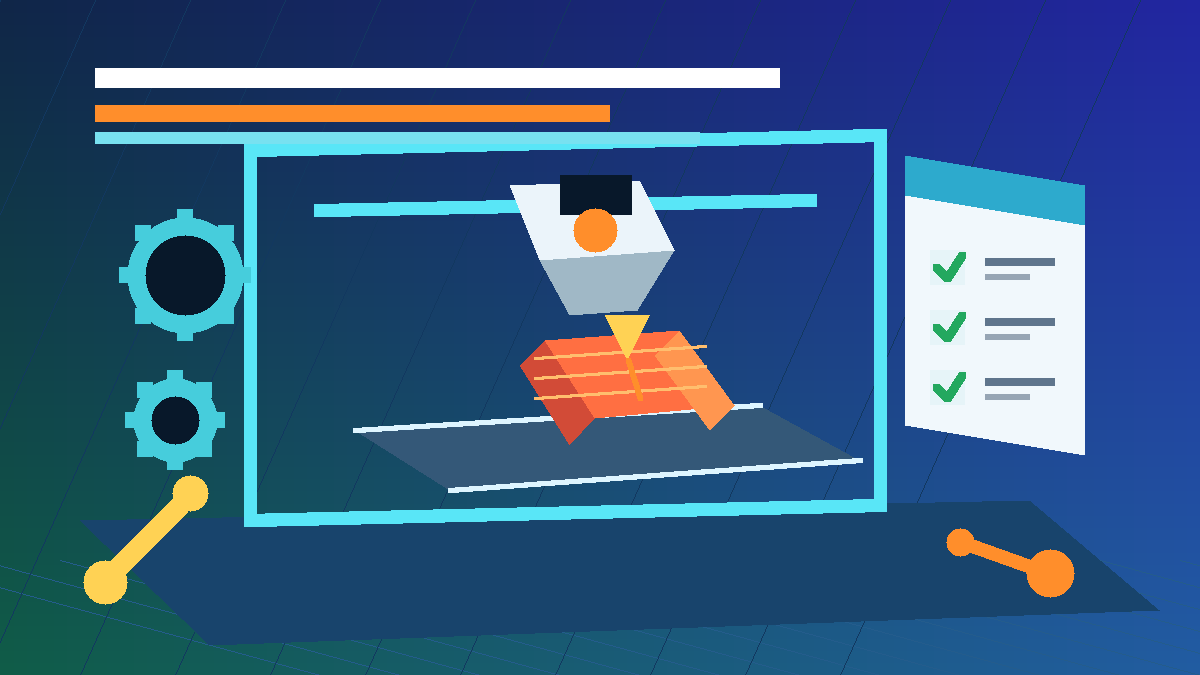 Ilustração de uma impressora 3D com checklist de manutenção preventiva, bico, mesa e ferramentas