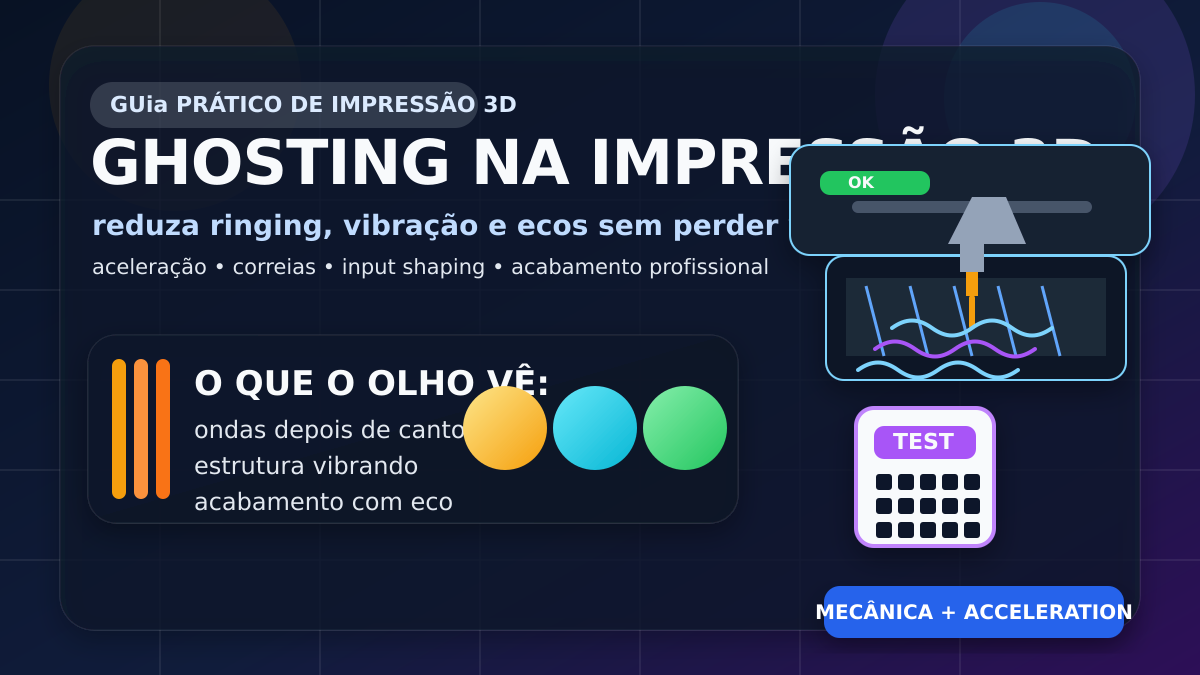 Ilustração de ghosting na impressão 3D com ondas de vibração, impressora 3D e peça de teste