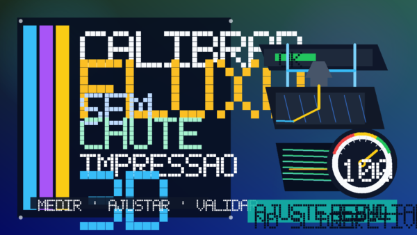 Ilustração de impressora 3D com medidor de fluxo e filamento, representando calibração de fluxo na impressão 3D.