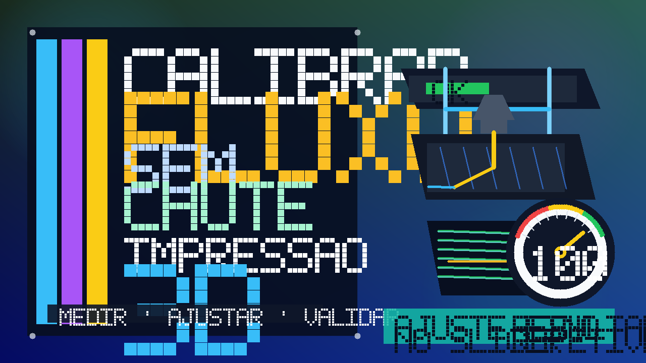Ilustração de impressora 3D com medidor de fluxo e filamento, representando calibração de fluxo na impressão 3D.