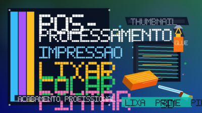 Ilustração de peça impressa em 3D sendo lixada, colada e pintada durante o pós-processamento.
