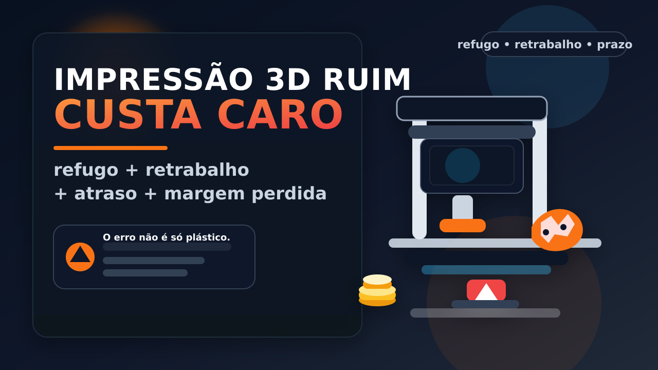 Impressora 3D com peça falhada, calculadora e aviso de prejuízo