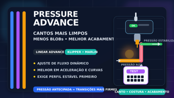 Ilustração de uma impressora 3D com Pressure Advance destacando cantos mais limpos e menos blobs