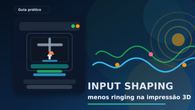Ilustração de impressora 3D com ondas de vibração e texto sobre Input Shaping