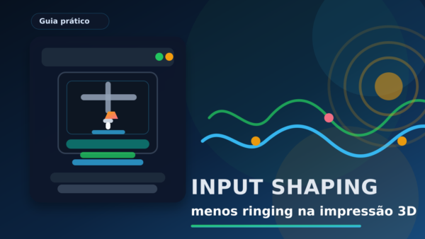 Ilustração de impressora 3D com ondas de vibração e texto sobre Input Shaping