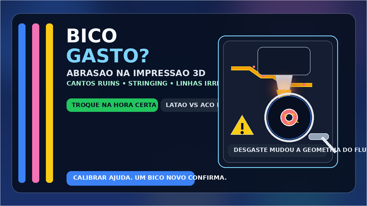 Ilustração de um bico de impressora 3D gasto com desgaste por abrasão e filamento abrasivo