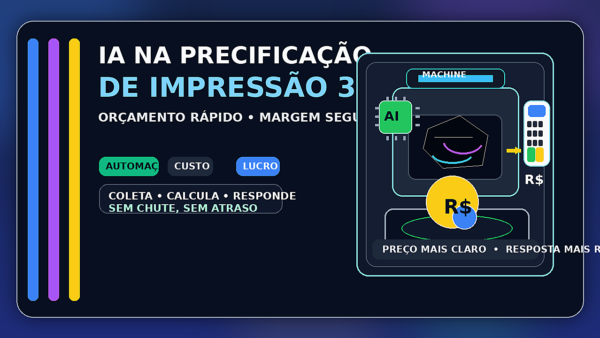 Ilustração de IA para precificação de impressão 3D com impressora, calculadora e etiqueta de orçamento