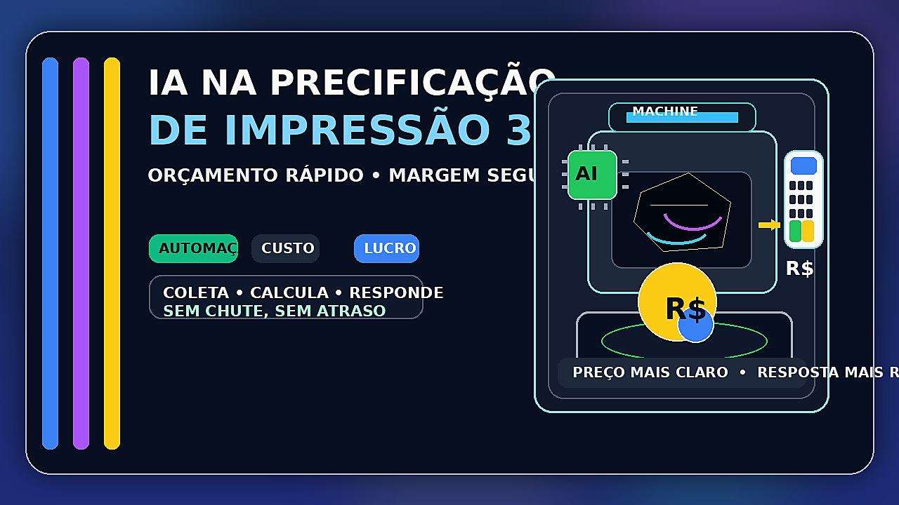Ilustração de IA para precificação de impressão 3D com impressora, calculadora e etiqueta de orçamento