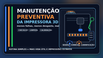 Ilustração de impressora 3D com ferramentas, engrenagens e checklist, representando manutenção preventiva