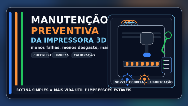 Ilustração de impressora 3D com ferramentas, engrenagens e checklist, representando manutenção preventiva