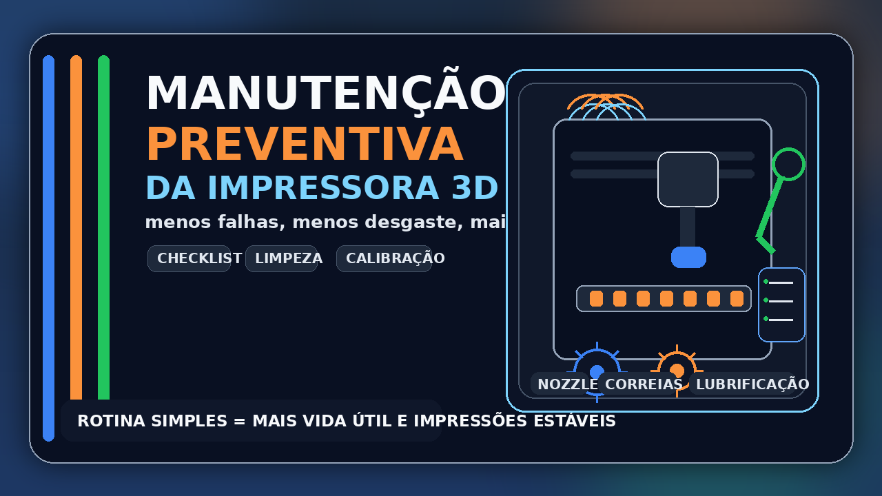 Ilustração de impressora 3D com ferramentas, engrenagens e checklist, representando manutenção preventiva
