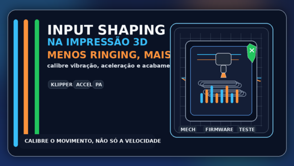 Printer 3D estilizada com ondas de ringing e destaque para input shaping