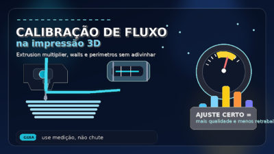 Thumbnail de calibração de fluxo na impressão 3D com extrusor, medição e gráfico de ajuste