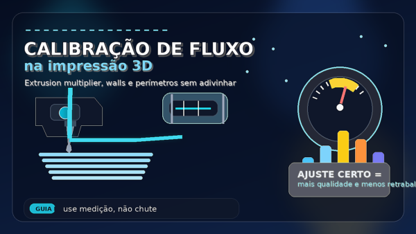 Thumbnail de calibração de fluxo na impressão 3D com extrusor, medição e gráfico de ajuste