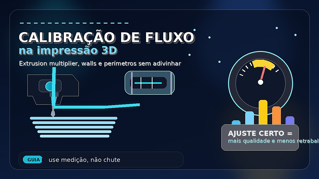 Thumbnail de calibração de fluxo na impressão 3D com extrusor, medição e gráfico de ajuste