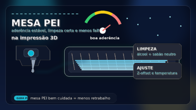 Mesa PEI em impressora 3D com bico depositando a primeira camada sobre a superfície, destacando aderência e acabamento.