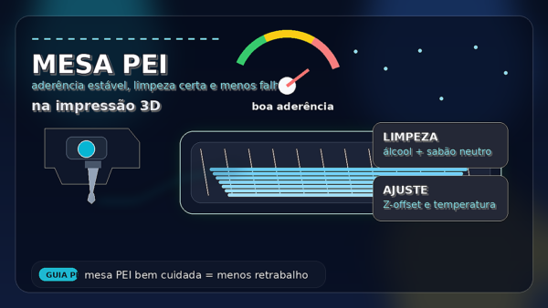 Mesa PEI em impressora 3D com bico depositando a primeira camada sobre a superfície, destacando aderência e acabamento.