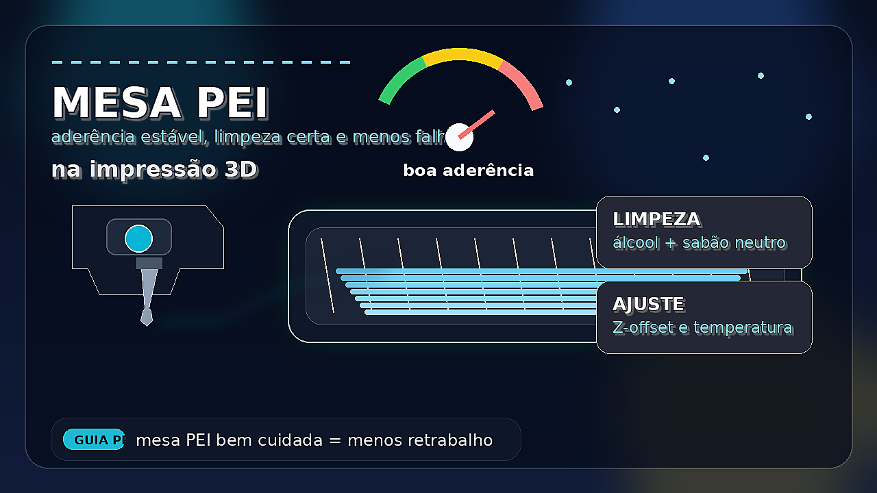 Mesa PEI em impressora 3D com bico depositando a primeira camada sobre a superfície, destacando aderência e acabamento.