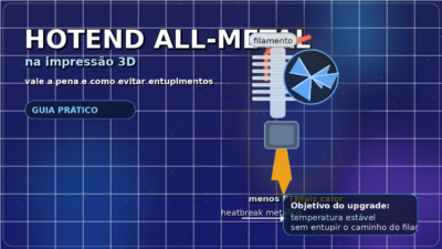 Hotend all-metal de impressora 3D com bloco aquecido, heatbreak metálico e fluxo de filamento, ilustrando um upgrade térmico confiável.