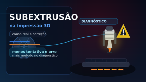 Ilustração de um bico de impressora 3D com linha de filamento irregular, lupa e alerta de diagnóstico, representando subextrusão na impressão 3D.