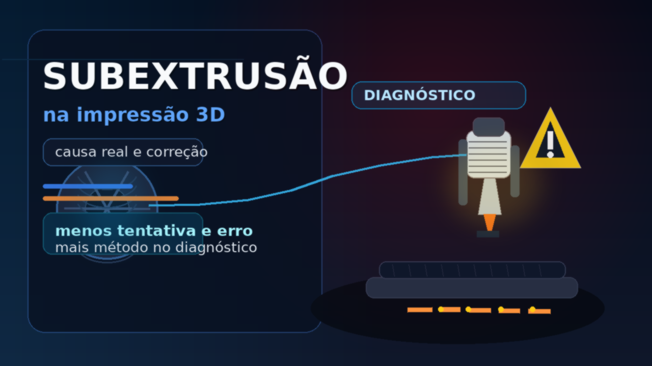 Ilustração de um bico de impressora 3D com linha de filamento irregular, lupa e alerta de diagnóstico, representando subextrusão na impressão 3D.