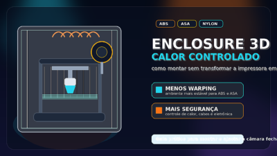 Ilustração de uma impressora 3D dentro de uma enclosure fechada, com calor controlado, ícones de ventilação e materiais como ABS e nylon.