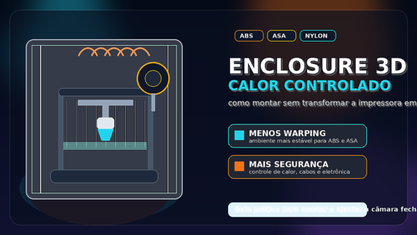 Ilustração de uma impressora 3D dentro de uma enclosure fechada, com calor controlado, ícones de ventilação e materiais como ABS e nylon.