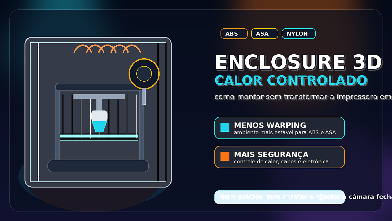 Ilustração de uma impressora 3D dentro de uma enclosure fechada, com calor controlado, ícones de ventilação e materiais como ABS e nylon.
