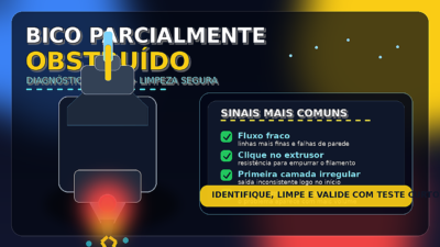 Hotend com bico parcialmente obstruído e sinais de limpeza e diagnóstico na impressão 3D