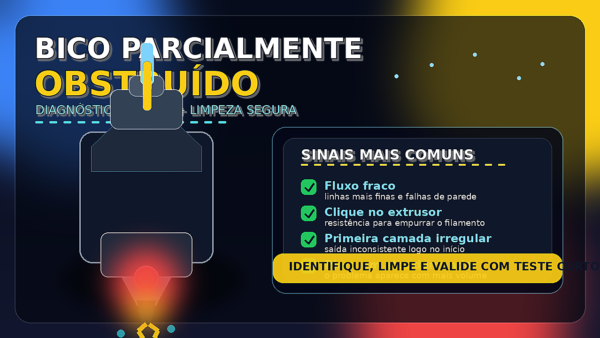 Hotend com bico parcialmente obstruído e sinais de limpeza e diagnóstico na impressão 3D