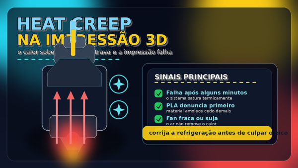 Hotend de impressora 3D com heat creep, calor subindo para a zona fria e checklist de diagnóstico