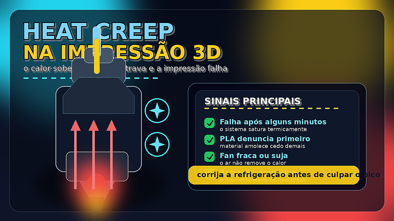 Hotend de impressora 3D com heat creep, calor subindo para a zona fria e checklist de diagnóstico