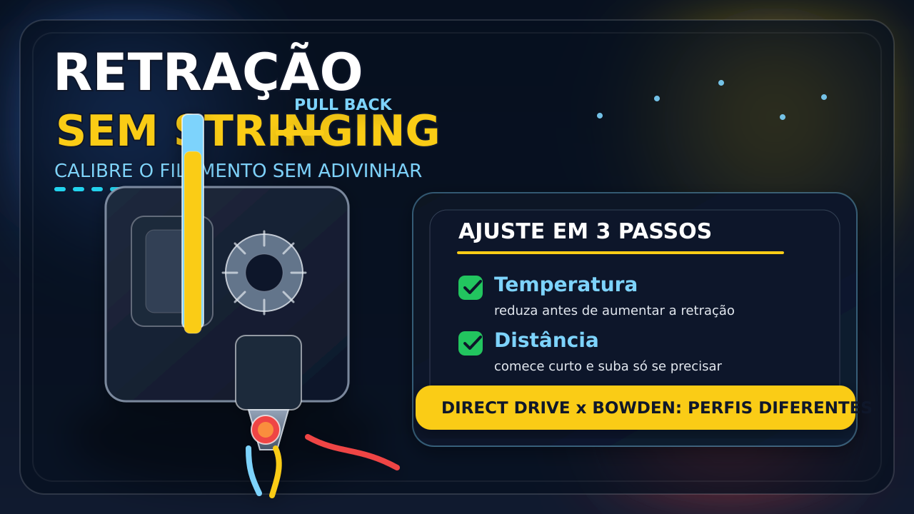 Ilustração de extrusor 3D com retração do filamento e indicação de redução de stringing