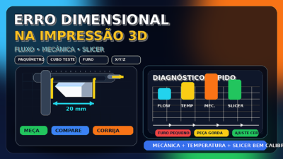 Paquímetro medindo um cubo de teste de impressão 3D com destaque para erro dimensional