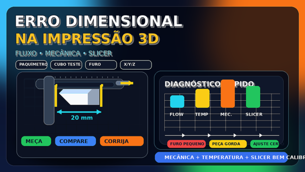 Paquímetro medindo um cubo de teste de impressão 3D com destaque para erro dimensional
