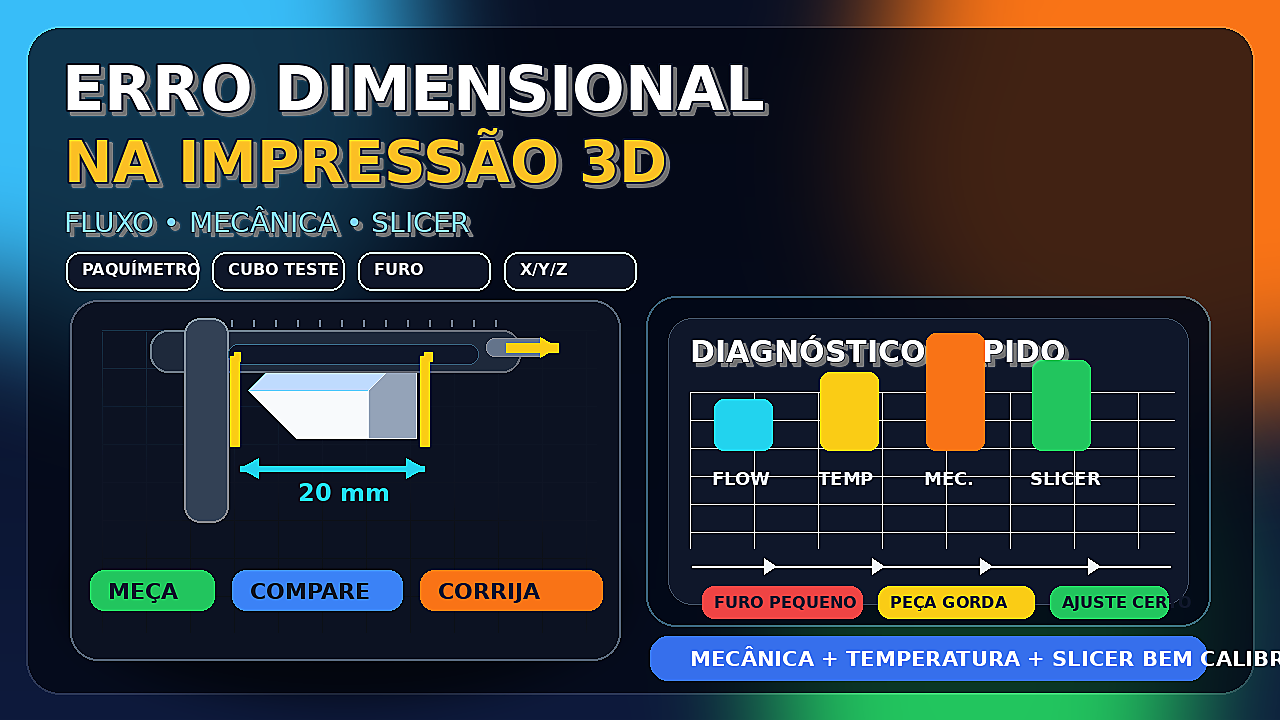 Paquímetro medindo um cubo de teste de impressão 3D com destaque para erro dimensional