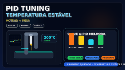 Ilustração de uma impressora 3D com gráfico de temperatura estável, destacando ajuste PID no hotend e na mesa aquecida.