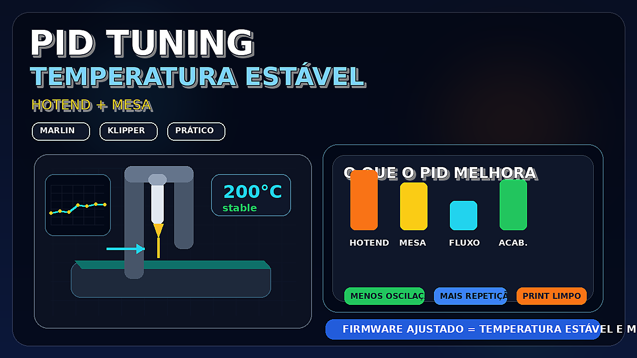 Ilustração de uma impressora 3D com gráfico de temperatura estável, destacando ajuste PID no hotend e na mesa aquecida.
