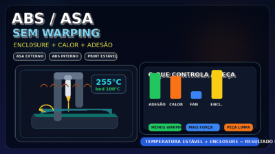 Ilustração de impressora 3D dentro de enclosure com peça ABS/ASA estável, ondas de calor e destaque para controle de warping.