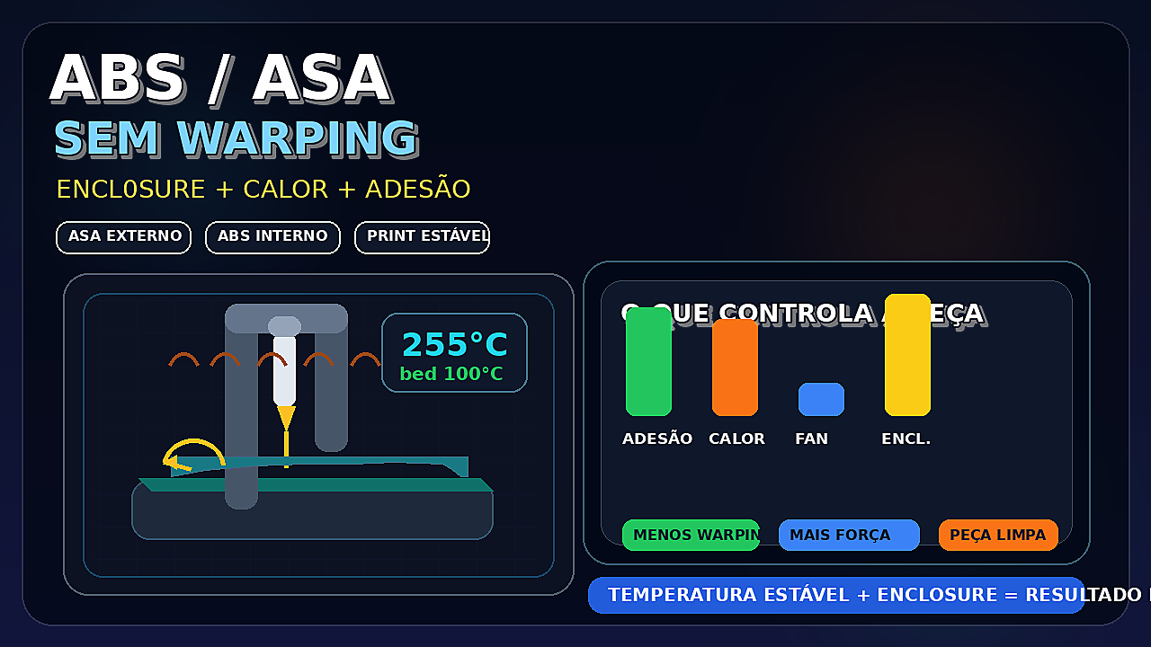 Ilustração de impressora 3D dentro de enclosure com peça ABS/ASA estável, ondas de calor e destaque para controle de warping.