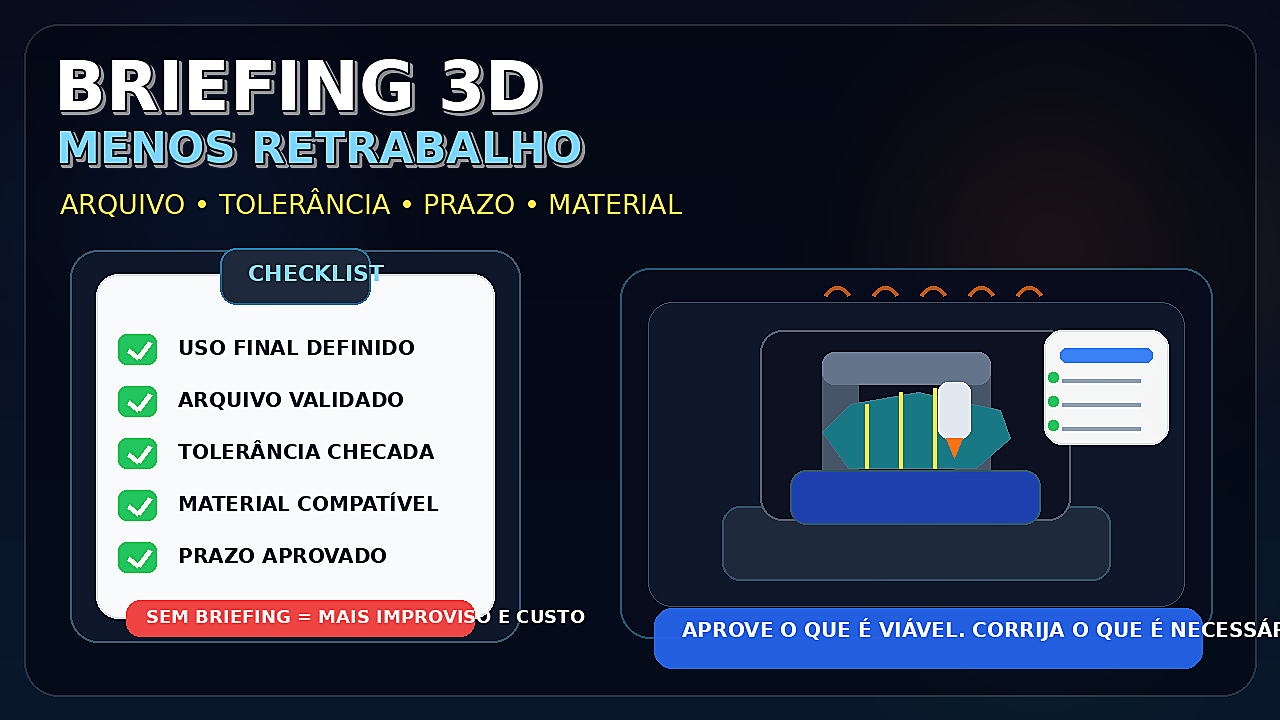 Mesa com checklist, arquivo 3D e impressora 3D representando briefing de impressão 3D