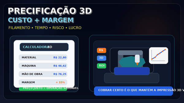 Calculadora, impressora 3D e gráfico de margem sobre fundo tecnológico, representando precificação de serviços de impressão 3D.