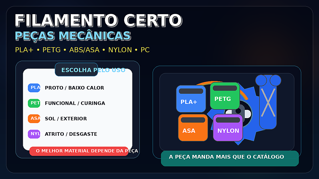 Thumbnail com o texto filamento certo para peças mecânicas e cartões de PLA+, PETG, ABS/ASA e nylon ao lado de uma engrenagem 3D.
