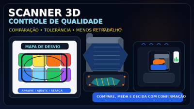Ilustração de scanner 3D analisando peça impressa e mapa de desvio para controle de qualidade na impressão 3D.
