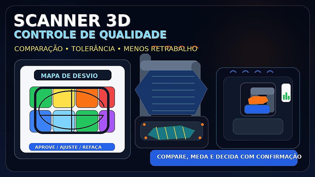 Ilustração de scanner 3D analisando peça impressa e mapa de desvio para controle de qualidade na impressão 3D.